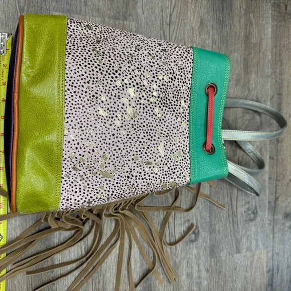 Folklore Red and Green Bucket Bag with Fringe NWT - Picture 3 of 4
